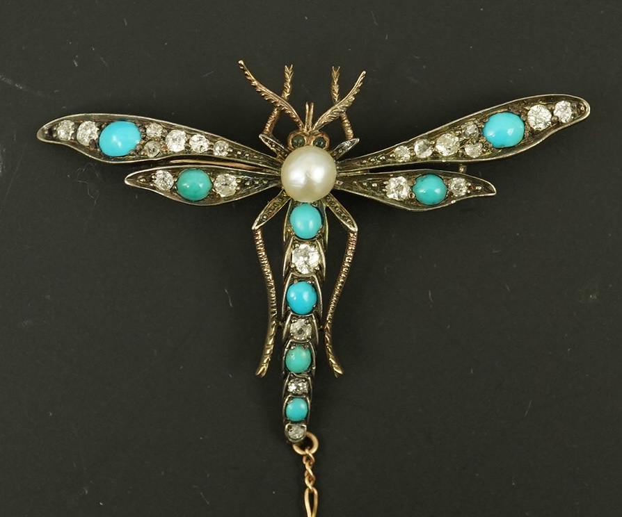 A late Victorian gold and silver, diamond, turquoise and pearl set dragonfly brooch